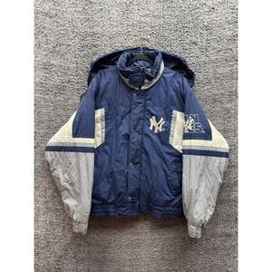 Vintage Authentic New York Yankees MLB Hooded Puffer Jacket Navy Blue Men Size L